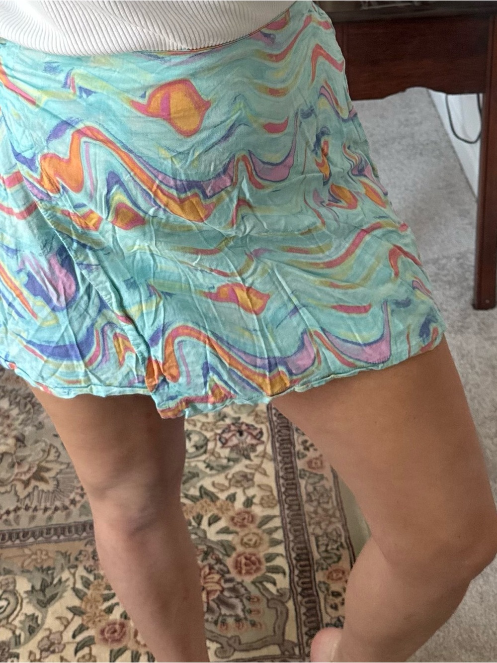 wild fable Aqua Marble Print Mini Skirt with Orange & Purple Swirls